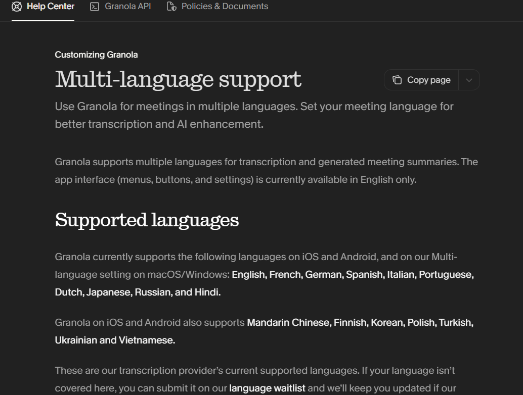 Output artifact for "Multilingual Transcription and Summarization" test: Help-center page listing the supported languages across desktop and mobile., granola-31julymeet-full-action-items-list.png