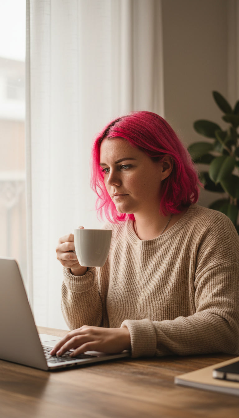 Output artifact for "Reference-Guided Image Generation" test: The window, desk, and mug supported the working-at-laptop scene well, and the pose looked natural., gemini-2.5-flash-image_Working_on_Laptop_A_candid_mid-morning_photo_of_the_same_person_seated_at_a_worn-0.jpg