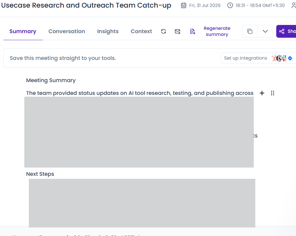 Output artifact for "Structured Meeting Notes Generation" test: The Summary tab generated a structured meeting summary and included a Next Steps section., meetgeek-meeting-summary-success.png