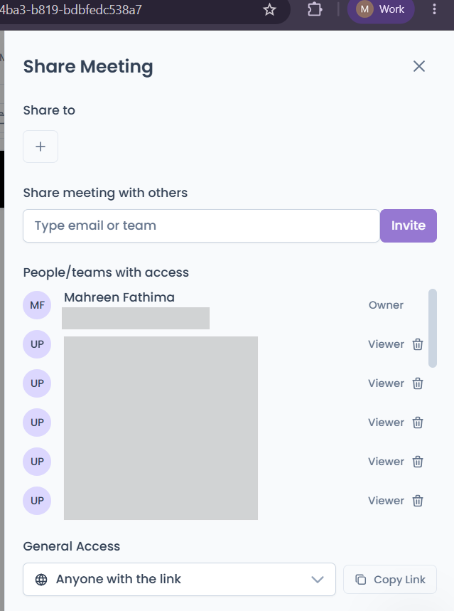 Output artifact for "Share Meeting Notes with Access Control" test: Share Meeting modal showing link sharing and access controls., meetgeek-sharing-options.png