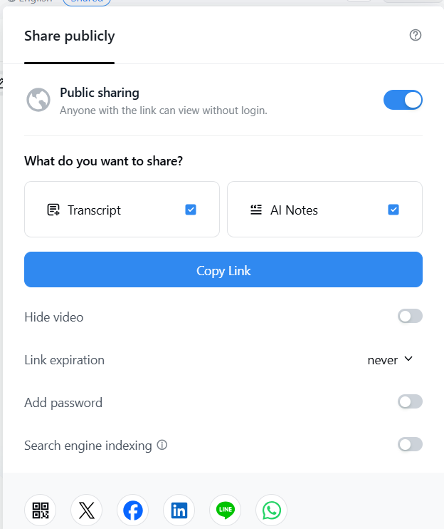 Output artifact for "Public Sharing of Meeting Artifacts" test: The share dialog shows "Public sharing" enabled and says anyone with the link can view without login., notta-sharing-options.png
