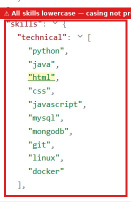 Output artifact for "Resume Parsing" test: Skills returned as "python", "java", "html", "css" — all lowercase as written in the source resume. No capitalisation normalisation was applied despite the skills being well-known proper nouns., All skills returned in lowercase — original casing not preserved.png