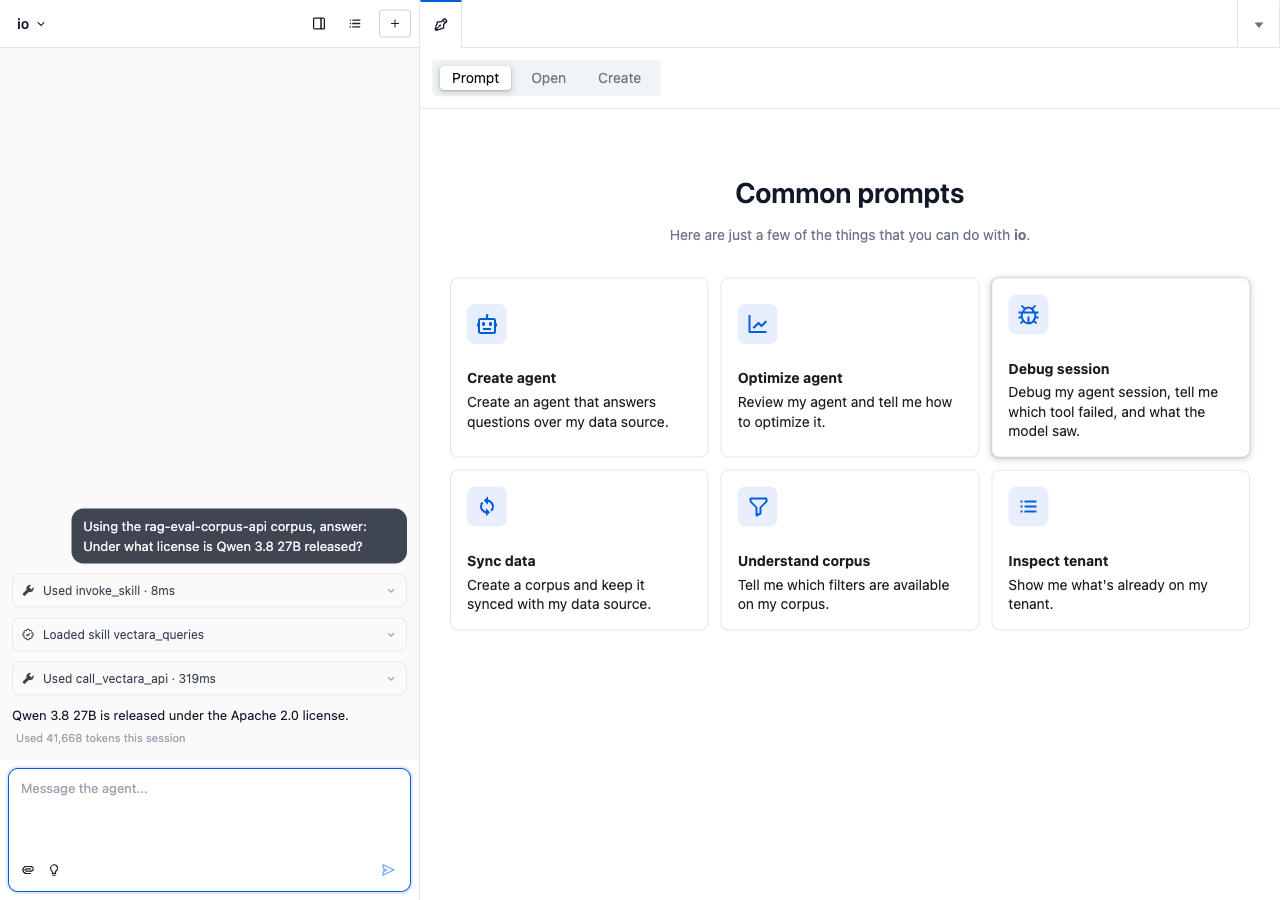 Output artifact for "Corpus-Grounded Question Answering" test: The io workspace answered the license question directly and showed live execution steps for the corpus-backed query., final_04_io_direct_factual.png