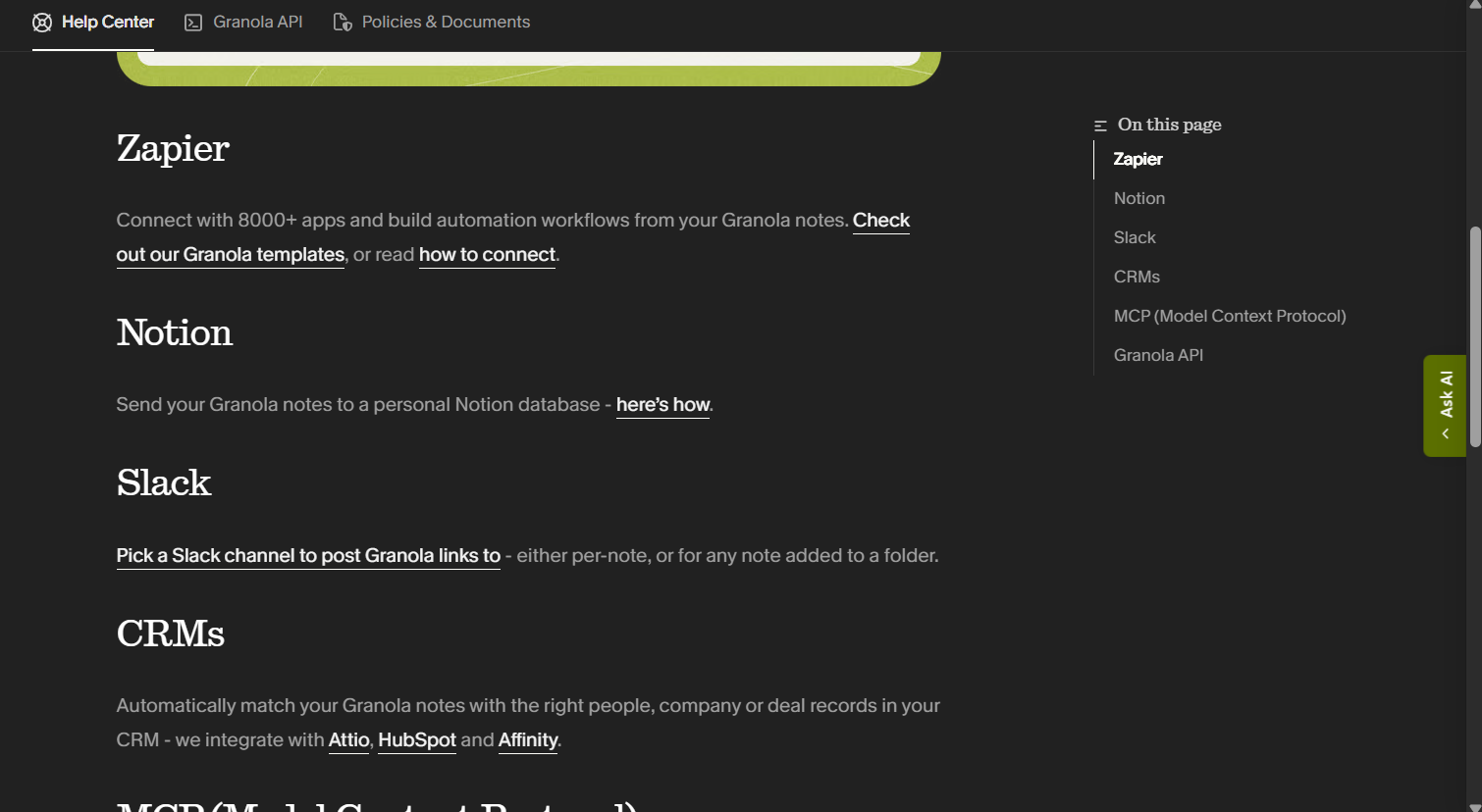 Output artifact for "Native Integrations and Automations" test: Help-center page listing Zapier, Notion, Slack, and CRM integration options., granola-31julymeet-pricing-plans.png
