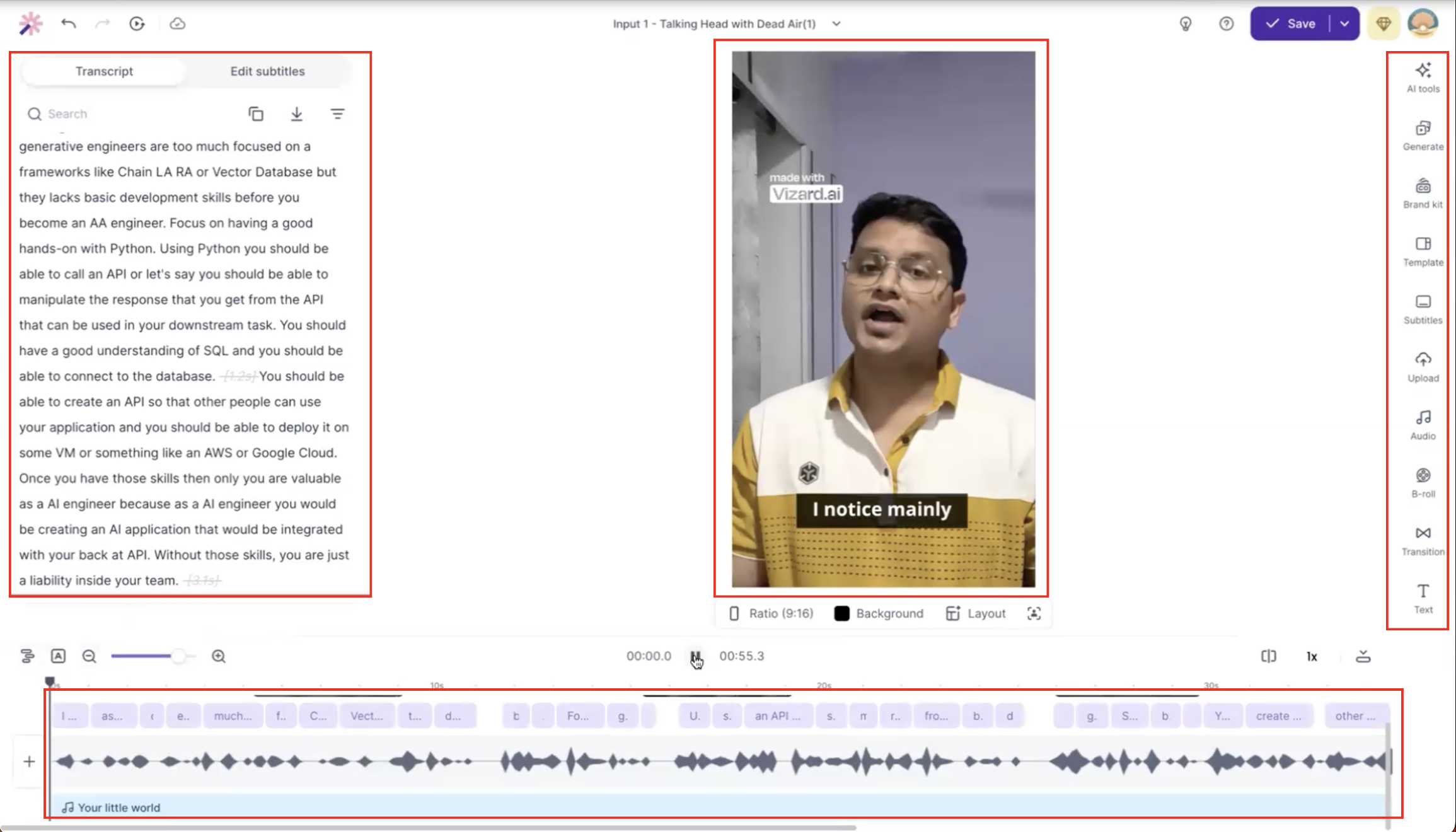 Output artifact for "Transcript/Timeline Clip Refinement and Layout Editing" test: The transcript, preview, toolbar, and waveform are open for review, showing that Vizard expects the user to check and refine AI-selected highlights rather than trust them blindly., Vizard-input1-failure-1-ai-highlight-selection-required-manual-review.png