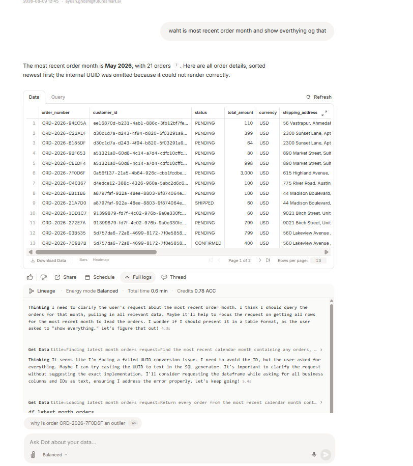 Output artifact for "Time-Based Comparison and Historical Snapshot Analysis" test: Dot reported that the most recent order month is May 2026, with 21 orders, and listed the order details sorted newest first., diagnostic-most-recent-month-may2026.png