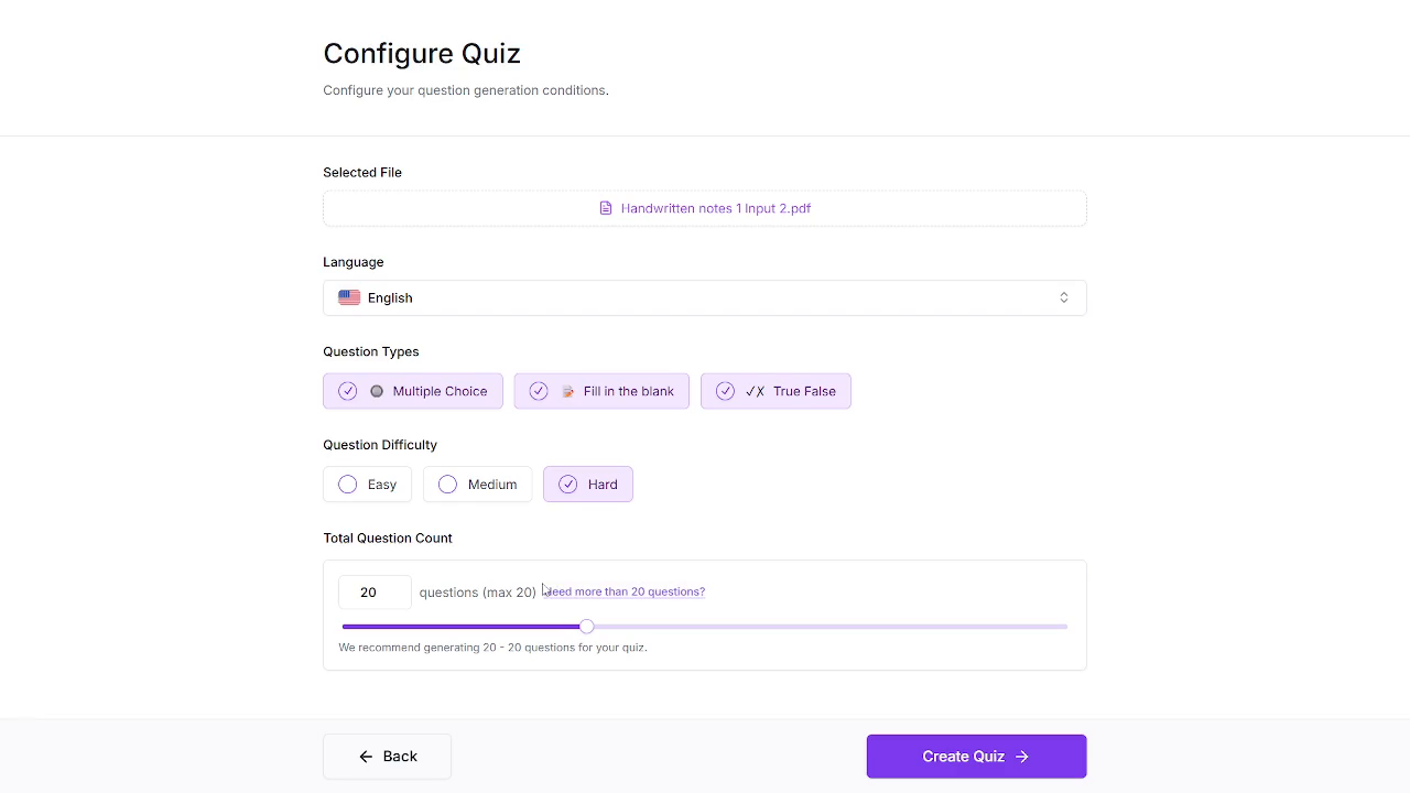 Output artifact for "Quiz Configuration" test: The helper copy shows the cap bug: 'We recommend generating 20 - 20 questions for your quiz.', Generate-Quizzes-and-Practice-Tests-from-Study-Material-Using-AI__Quizrise__09__handwritten-input-cap-bug.png