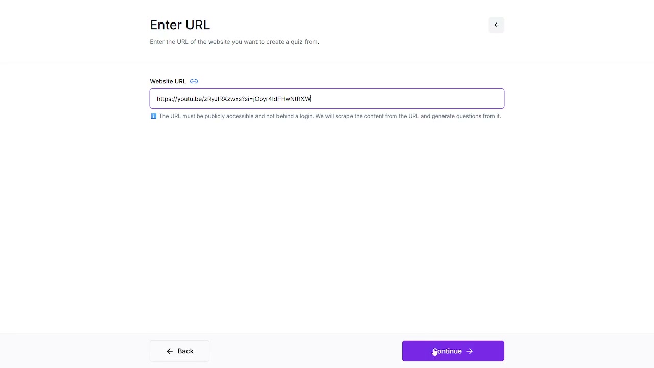 Output artifact for "Study Material Import" test: The URL step accepts a pasted link and states that QuizRise will scrape the content from it., quizrise_out14.png
