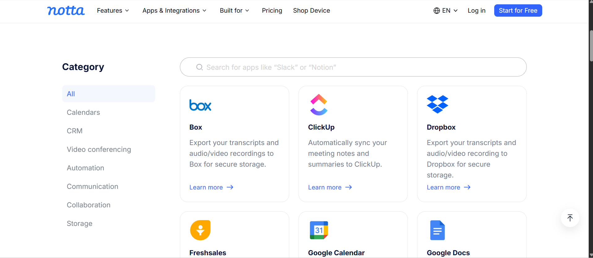 Output artifact for "Integrations and Automation Access" test: The Apps & Integrations page lists connectors such as Box, ClickUp, Dropbox, Google Calendar, and Google Docs, with a search bar for more apps., notta-integrations.png