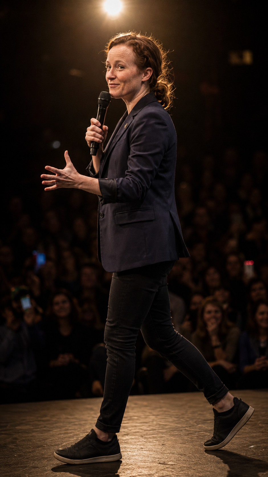 Output artifact for "Reference-Based Image Editing" test: Hair remains reddish-brown and warmer than the reference, but the low-bun ponytail style is consistent and freckles are still visible. The spotlighted stage scene is physically convincing, the mic grip and open palm have natural finger spacing, and the blurred audience with phone screens supports the speaking-on-stage brief. The face shape stays consistent despite the warmer hair tone., ChatGPT Image Jun 25, 2026, 04_25_33 PM.png