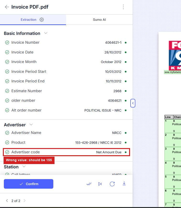 Output artifact for "Schema-Driven Document Field Extraction" test: Advertiser Code was wrong: the field returned unrelated text from another field area instead of the correct code 155., invoice_ss1_advertisercode_bug-2.png