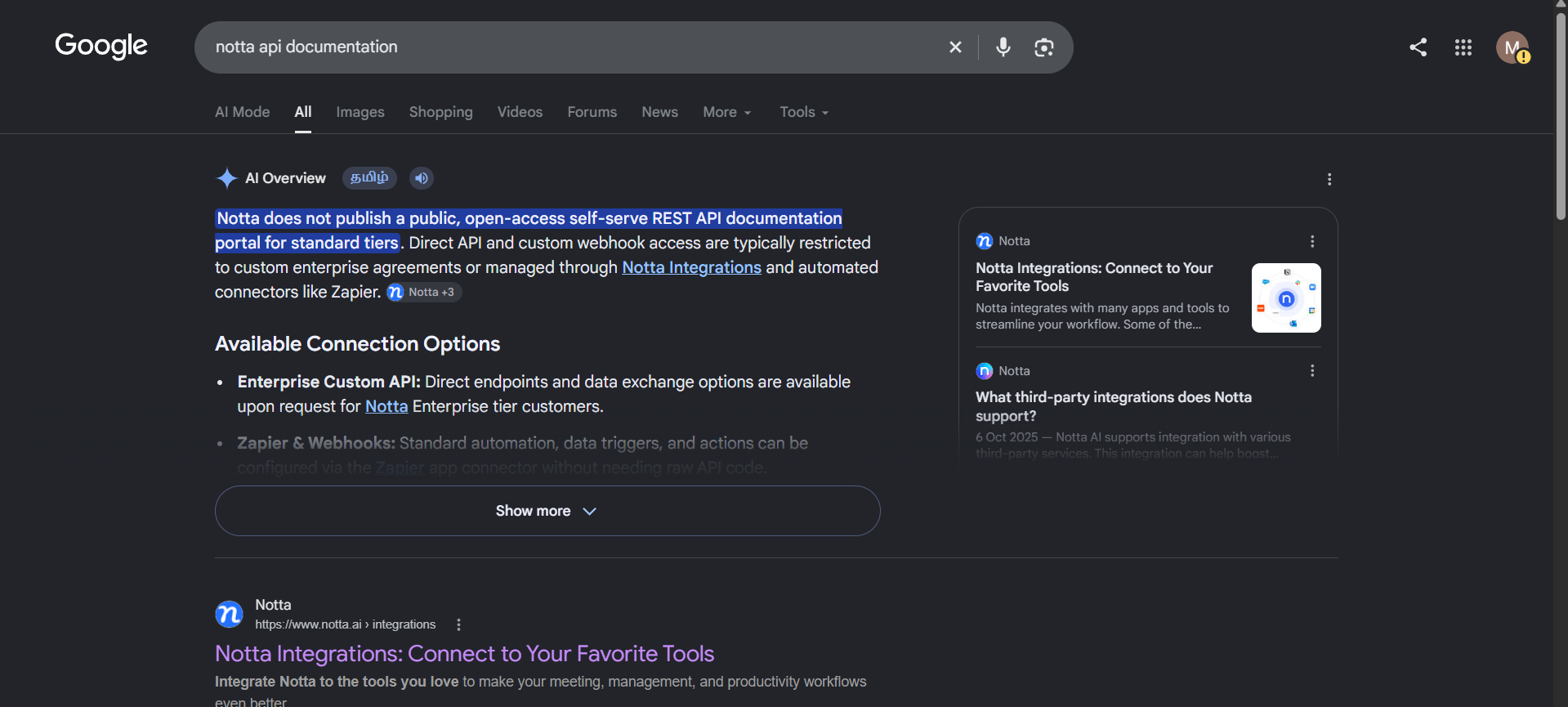 Output artifact for "Integrations and Automation Access" test: The research check indicates that Notta does not publish a public open-access self-serve API documentation portal for standard tiers., notta-no-api-availabilty.png