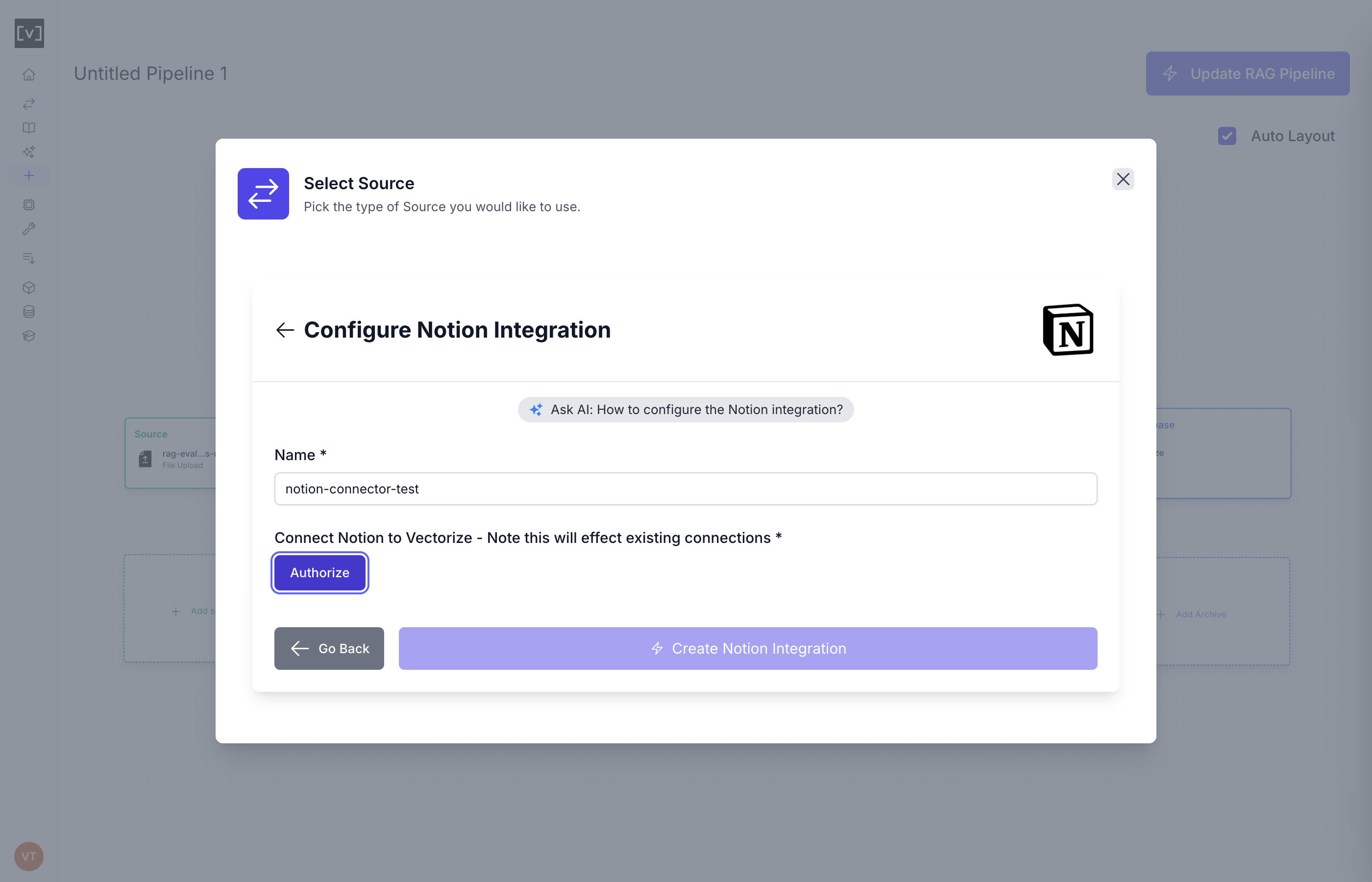 Output artifact for "External Source Connector Sync" test: The Notion integration modal reaches the Authorize step with a filled connector name and no platform errors., 39_notion_authorize.png