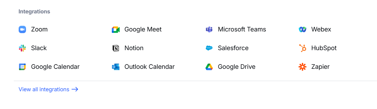 Output artifact for "Integrations and Automation Access" test: The integrations page is present, but the report found no public API surface in the product UI., notta-integrations-no-api.png