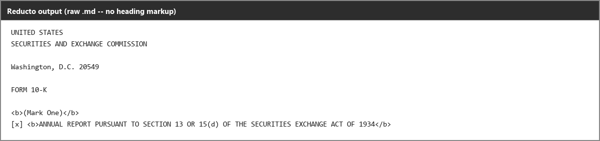 Output artifact for "PDF-to-Markdown Conversion" test: The text is flattened without heading markup, so the prominent cover heading is not surfaced as markdown structure., reducto_input1_form10k_heading_omitted_failed.png