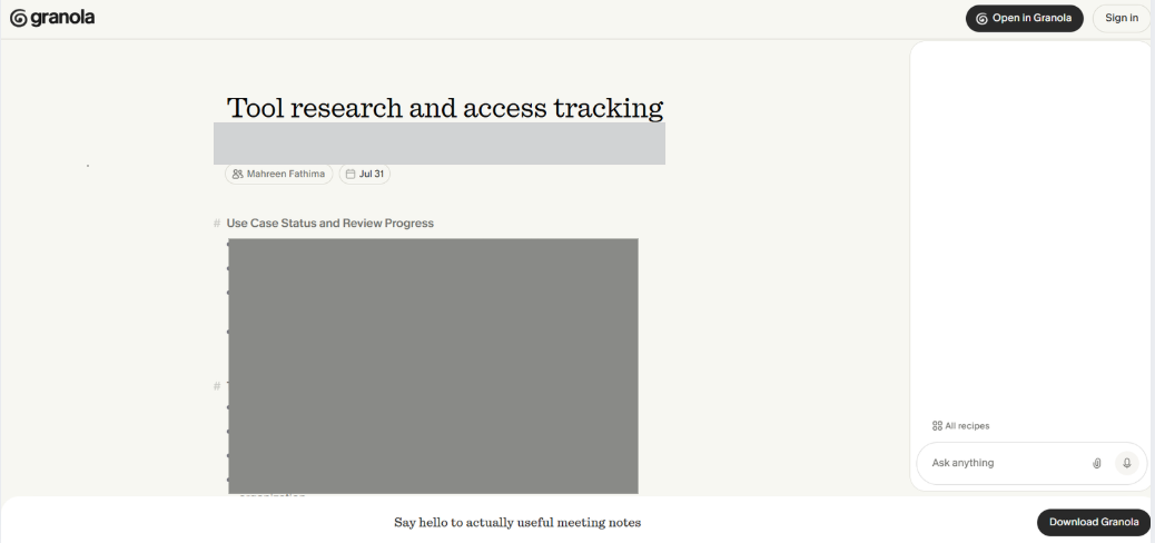 Output artifact for "External Note Sharing and Programmatic Access" test: The shared notes page opened in a browser without requiring a login, so guests can read the notes directly., granola-shared-notes-ui.png