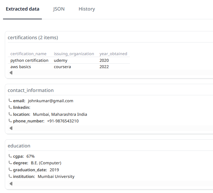 Output artifact for "Resume Section Extraction" test: Captured both jobs, all three education entries, and both certifications from the messy resume., education entries, and both certifications extracted.png