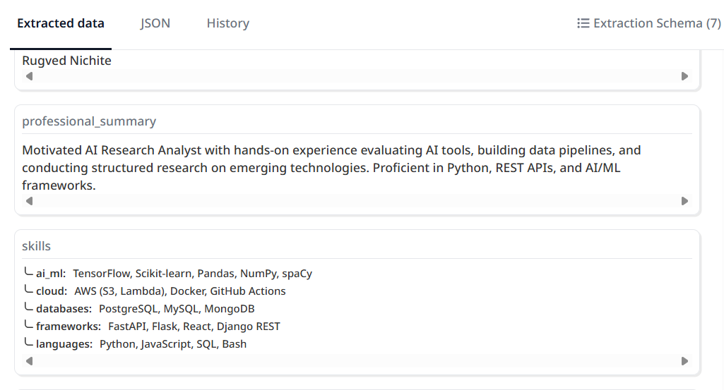 Output artifact for "Skills and Resume Extras Extraction" test: Output, skill groups , AIML, cloud, frameworks, and databases, professional summary captured.png