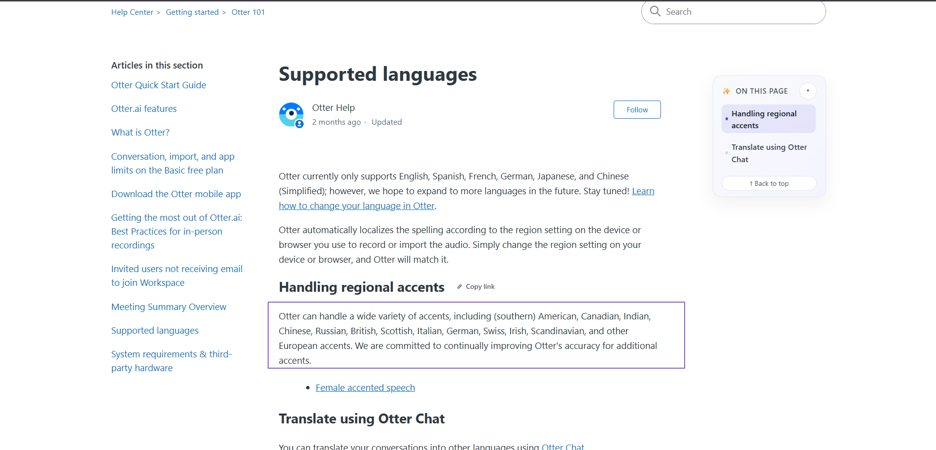 Output artifact for "Multilingual Transcription Support" test: The help article says Otter currently supports English, Spanish, French, German, Japanese, and Simplified Chinese, with regional accent handling notes., otter-ai-languages-supported.png