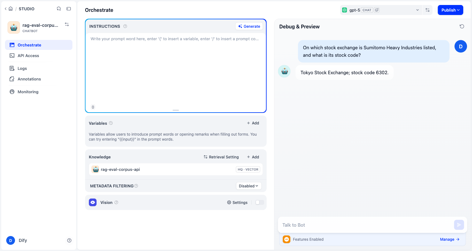 Output artifact for "Grounded Corpus Question Answering" test: Correct direct factual answer from the knowledge base: Tokyo Stock Exchange, stock code 6302., ui_D7_direct_factual_BEST.png