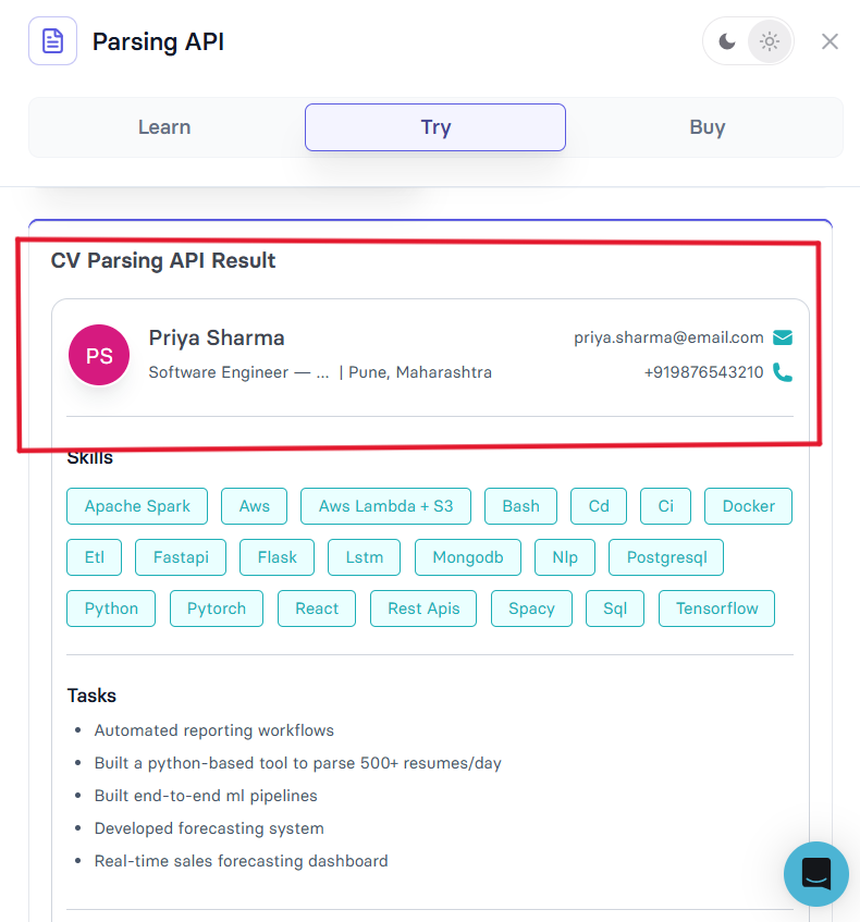 Output artifact for "Identity and Contact Extraction" test: Observation, Priya Sharma’s contact fields extracted, phone number was truncated headline lost the ML suffix..png
