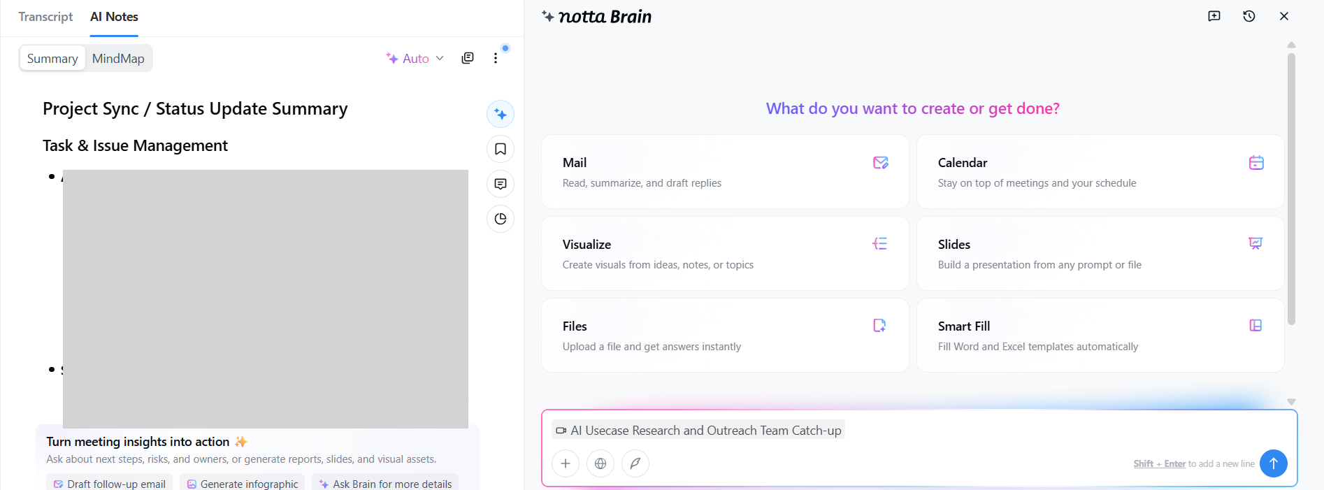 Output artifact for "AI Meeting Summaries and Topic Organization" test: The AI Notes summary condensed the meeting into a structured document with a topic heading and a mindmap-style navigation layer., notta-generated-summary-success.png