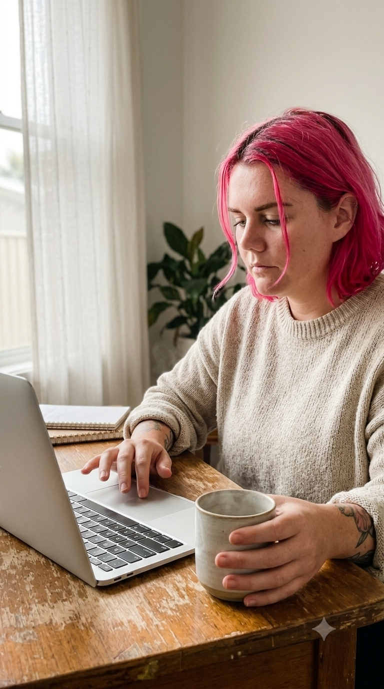 Output artifact for "Reference-Guided Portrait Re-Rendering" test: The hand near the trackpad and the hand around the mug both look natural, with no anatomy errors and fingers placed cleanly., Gemini_Generated_Image_hxtilehxtilehxti.png