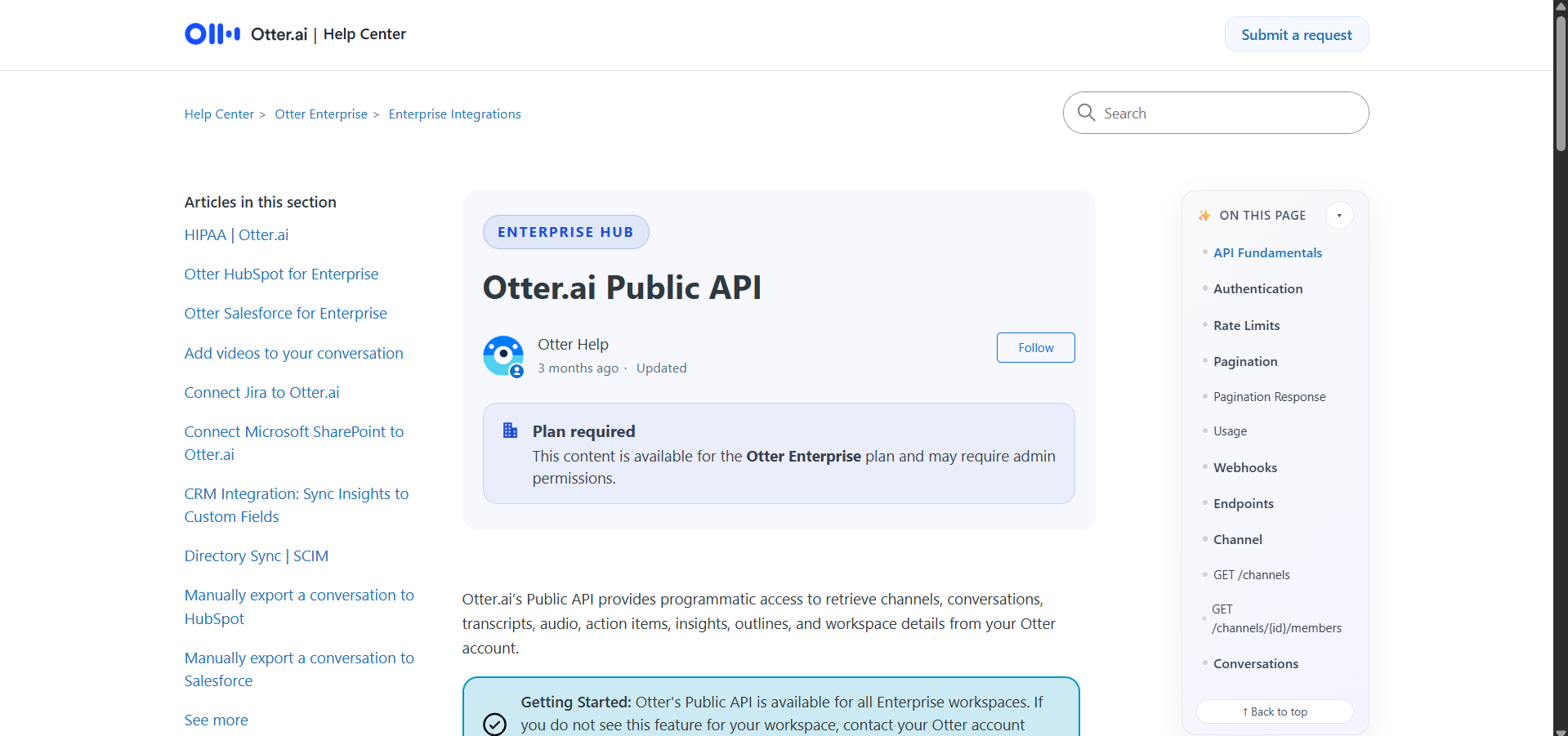 Output artifact for "Programmatic Access and Integrations" test: The Help Center states that Otter’s Public API is available for the Enterprise plan and may require admin permissions, confirming the paid-plan barrier., otter-ai-api-docs-paid-plan-barrier.png