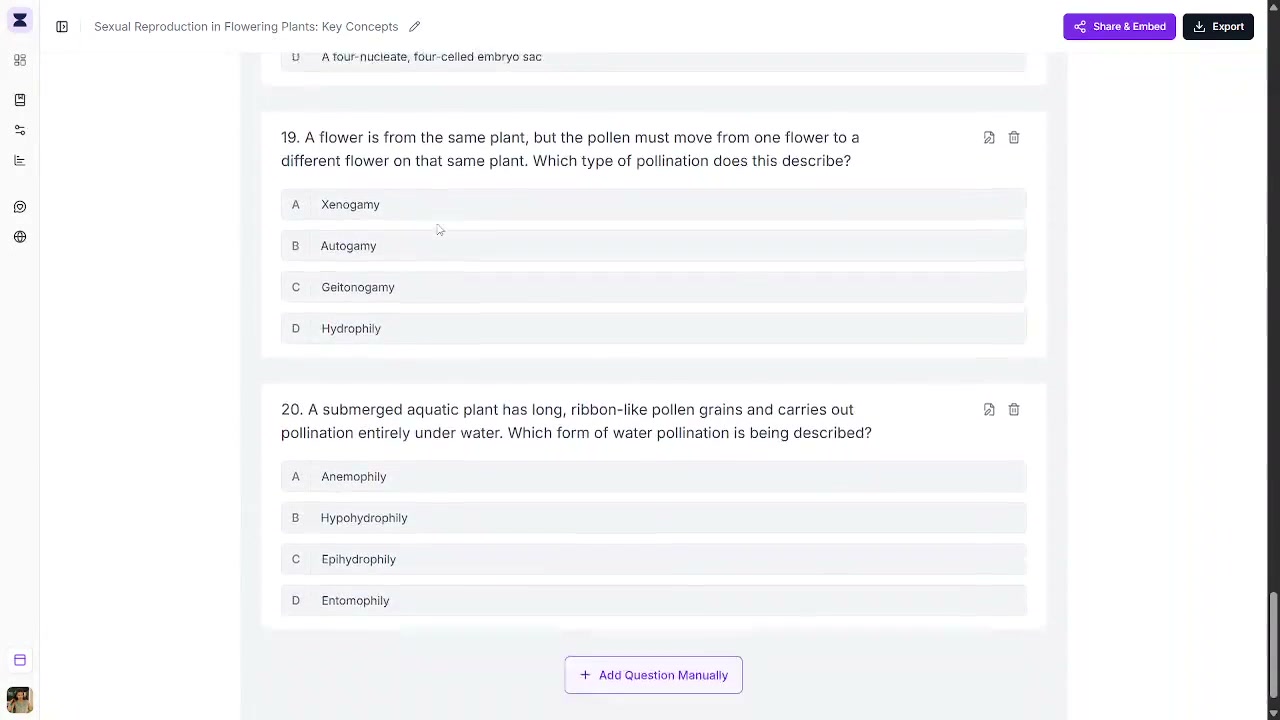 Output artifact for "Question Review and Manual Editing" test: QuizRise exposes a + Add Question Manually button inside the question list., Generate-Quizzes-and-Practice-Tests-from-Study-Material-Using-AI__Quizrise__16__add-question-manually-button.png