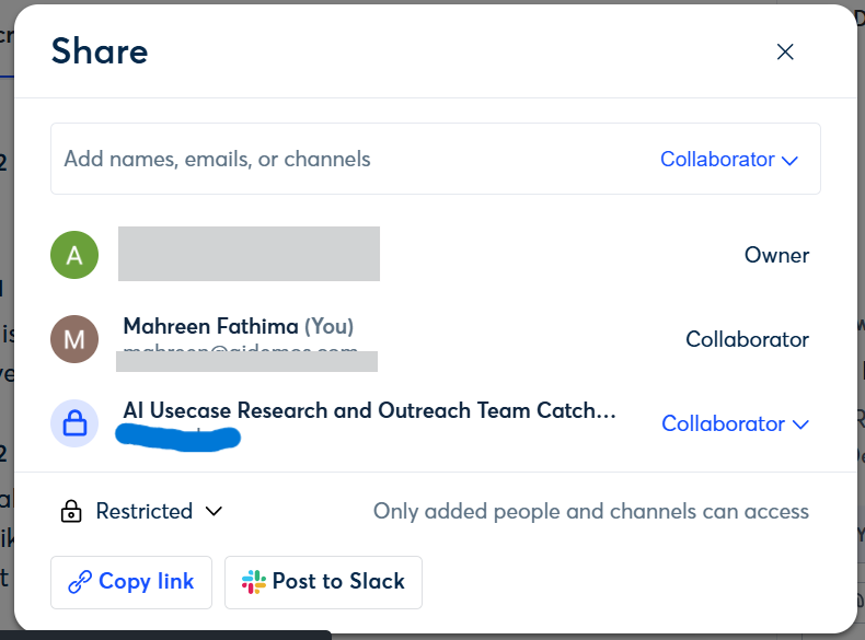 Output artifact for "Shareable Notes with Access Control" test: The share modal shows restricted access controls and link-sharing actions such as copy link and post to Slack, confirming configurable sharing., otter-ai-31july-meet-sharing-options.png
