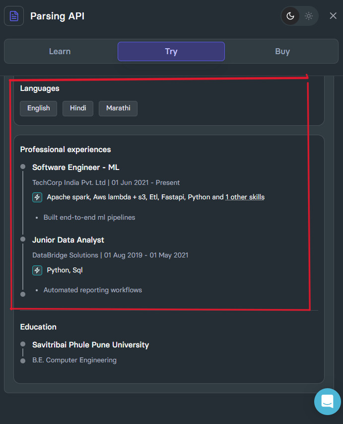 Output artifact for "Core Resume Section Extraction" test: Output, languages and certifications fields are extracted correctly.png