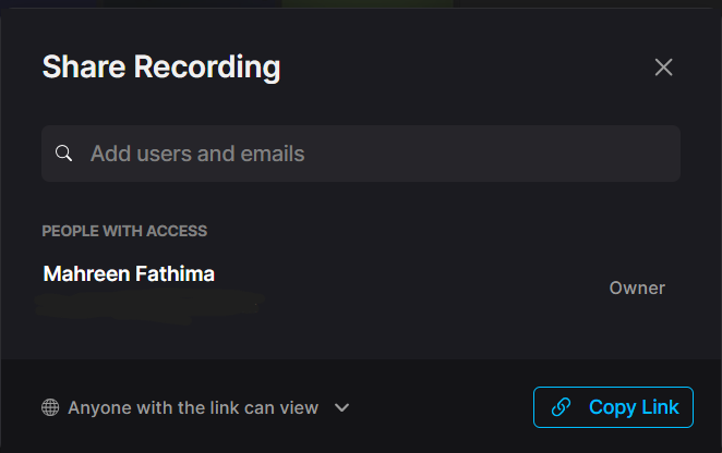 Output artifact for "Shareable Notes Links" test: The share modal shows link-based access controls, including 'Anyone with the link can view'., fathom-31july-meet-meeting-sharing-options.png