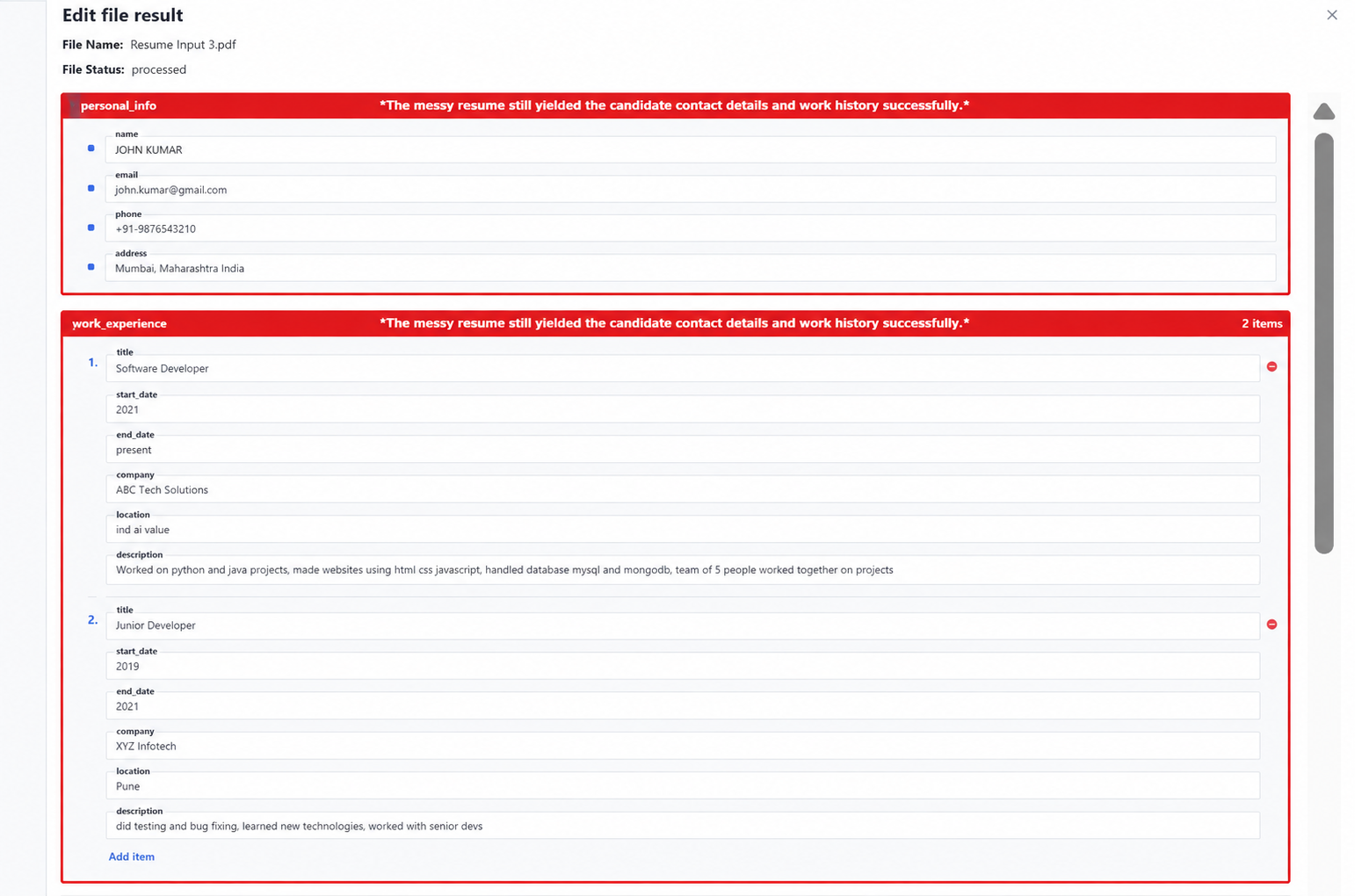 Output artifact for "Contact and Work History Extraction" test: The messy resume still yielded the candidate contact details and work history successfully., contact_work_history.png