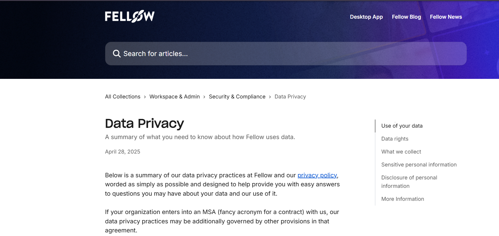 Output artifact for "Privacy and Consent Controls" test: The data-privacy article summarizes Fellow’s privacy practices, data rights, and information handling policies., fellow-privacy-policy.png