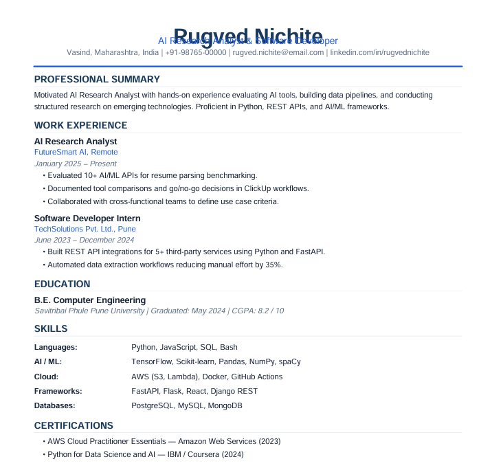 Input artifact for "Resume PDF parsing and profile assembly" test: INPUT, Input 1 Rugved Nichite clean PDF resume.png