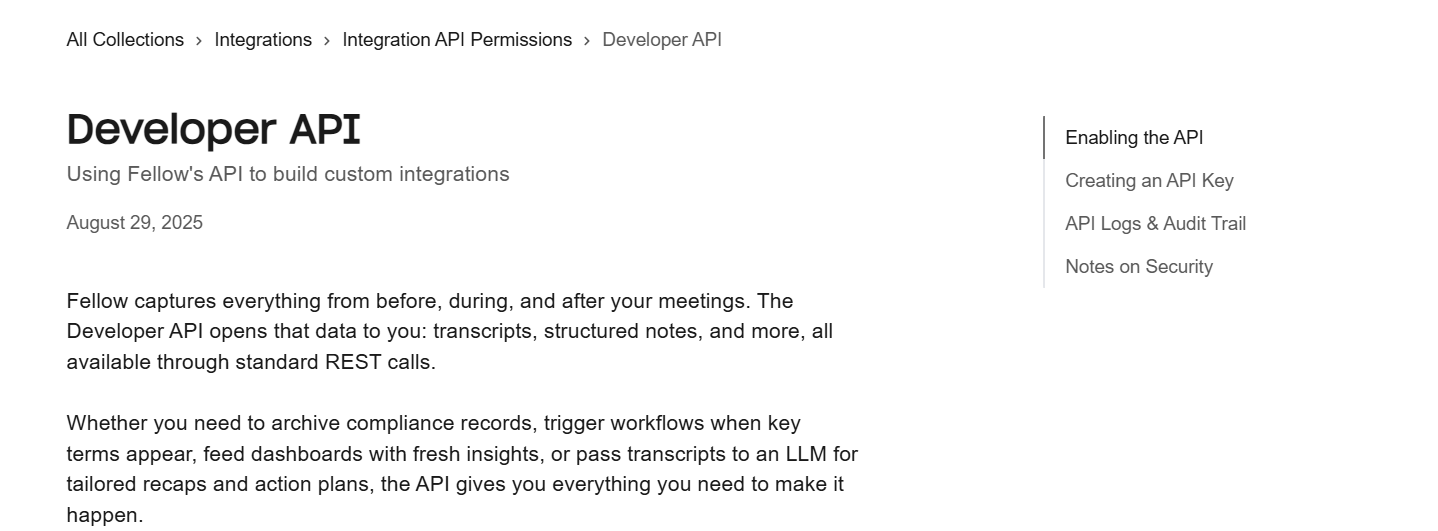 Output artifact for "Developer API Access" test: The Developer API docs show Fellow's API for meeting data, transcripts, structured notes, logs, and security details, while the review marked access as paid-only., fellow-developer-api.png