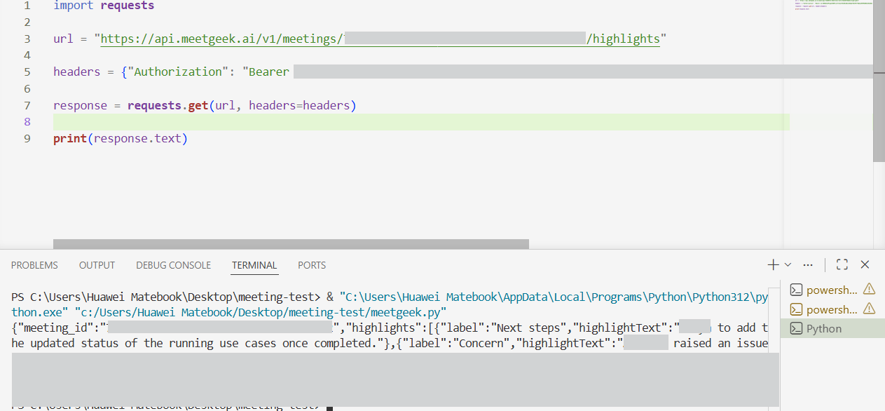 Output artifact for "Programmatic Meeting Data Access" test: API request returning structured JSON from the highlights endpoint., meetgeek-api-request-success.png