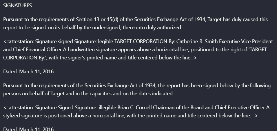 Output artifact for "Signature and Stamp Detection" test: Extracted signature attestations for the signers, including names, titles, and dates., landingai_hybrid_earningspdf_parsed_signs.png