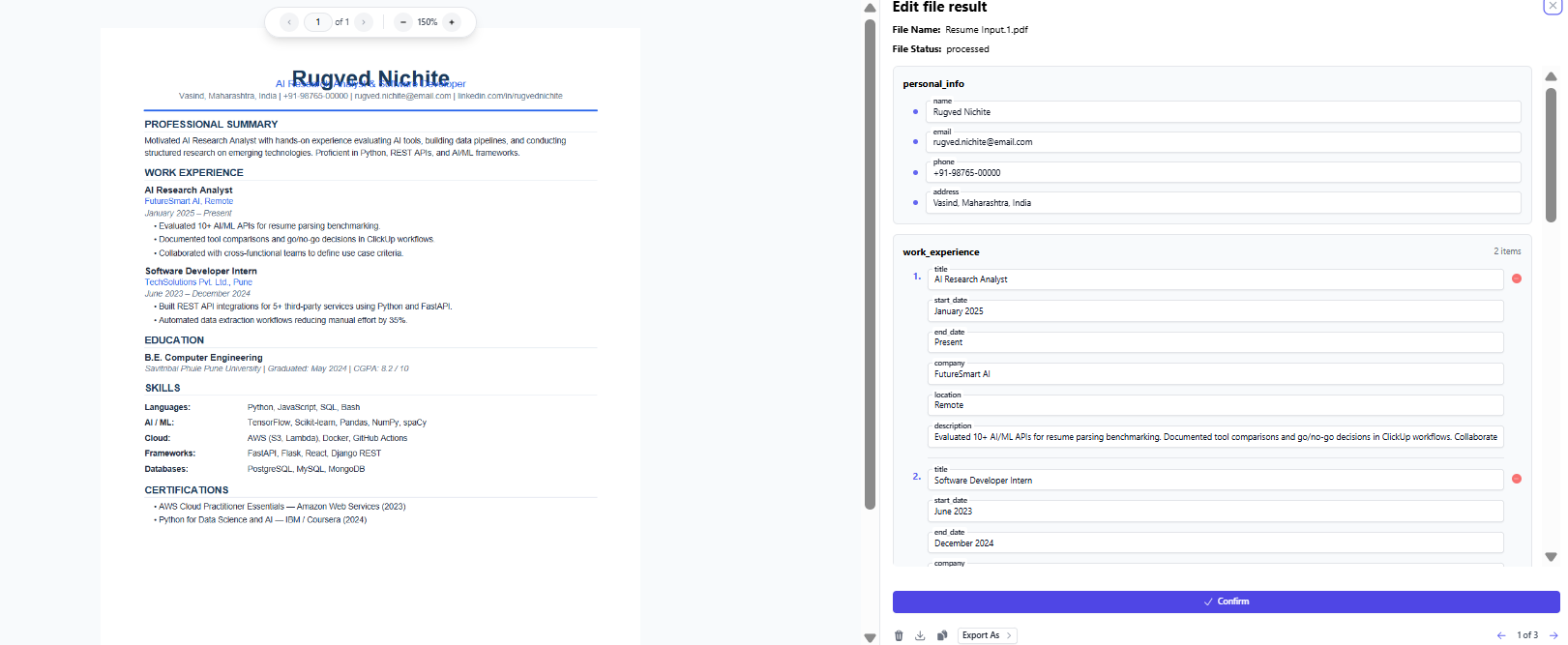 Output artifact for "Layout-Agnostic Resume Parsing" test: Parsed successfully on first upload with the clean resume layout., Clean resume parsed succesfully.png