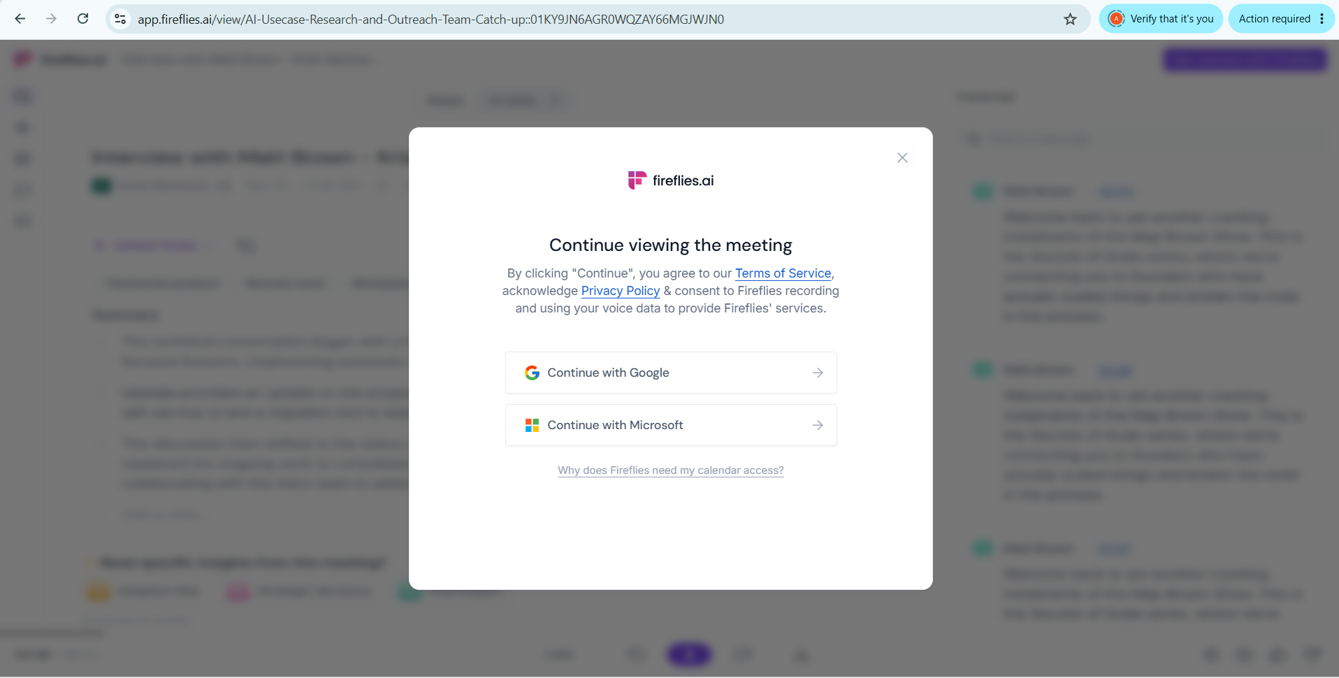 Output artifact for "Link Sharing and Access Control" test: The shared meeting view is blocked by a sign-in prompt, so recipients must create or use a Fireflies account before viewing., fireflies-sharing-requires-login.png