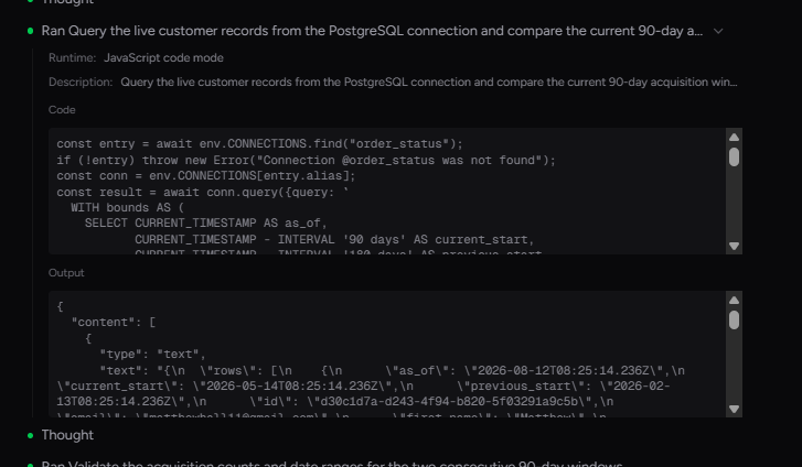 Output artifact for "Inspectable Execution Trace" test: Show-work trace for schema inspection and SQL generation on the acquisition query., input1-show-work-schema-and-sql-steps.png