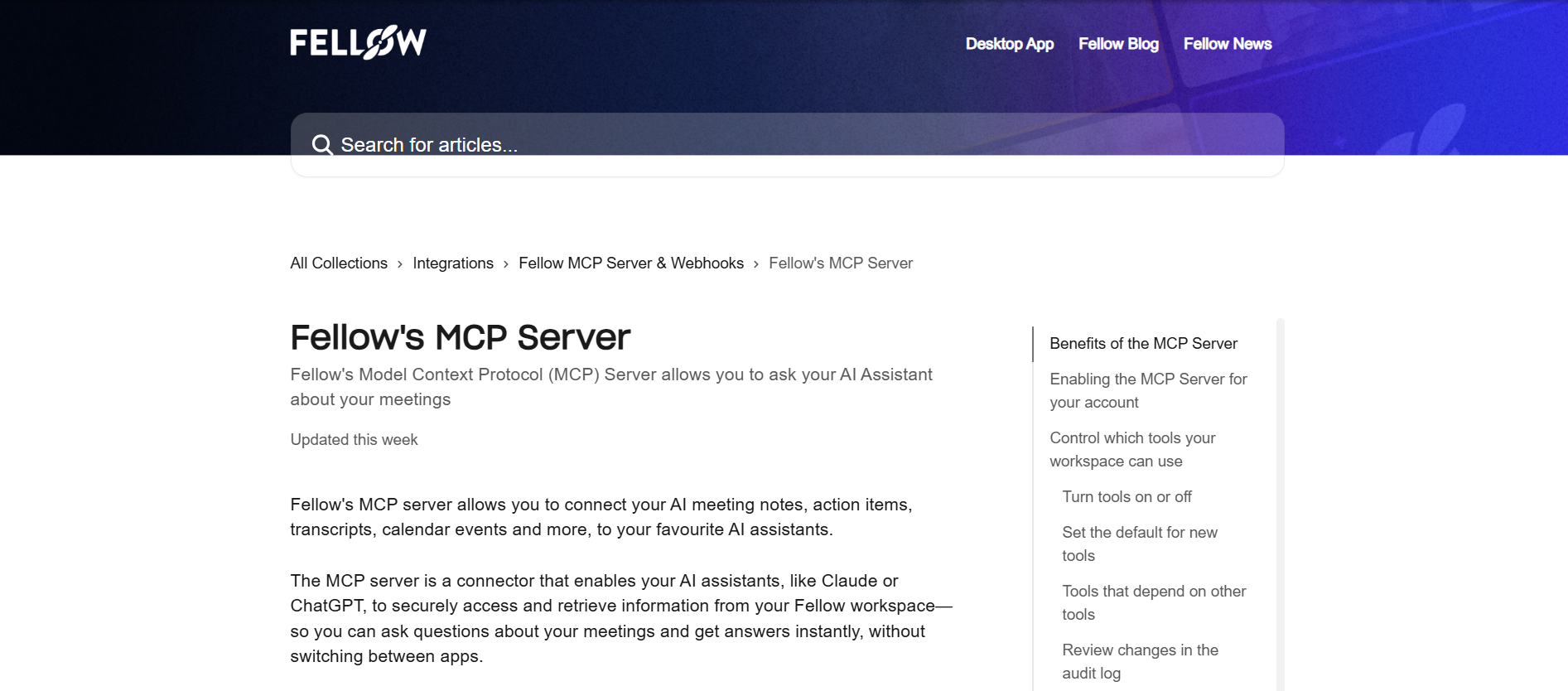 Output artifact for "MCP Server Access" test: The MCP Server docs describe connecting AI assistants to notes, action items, transcripts, and calendar events, while the review states that MCP access is paid-only., fellow-mcp-docs.png