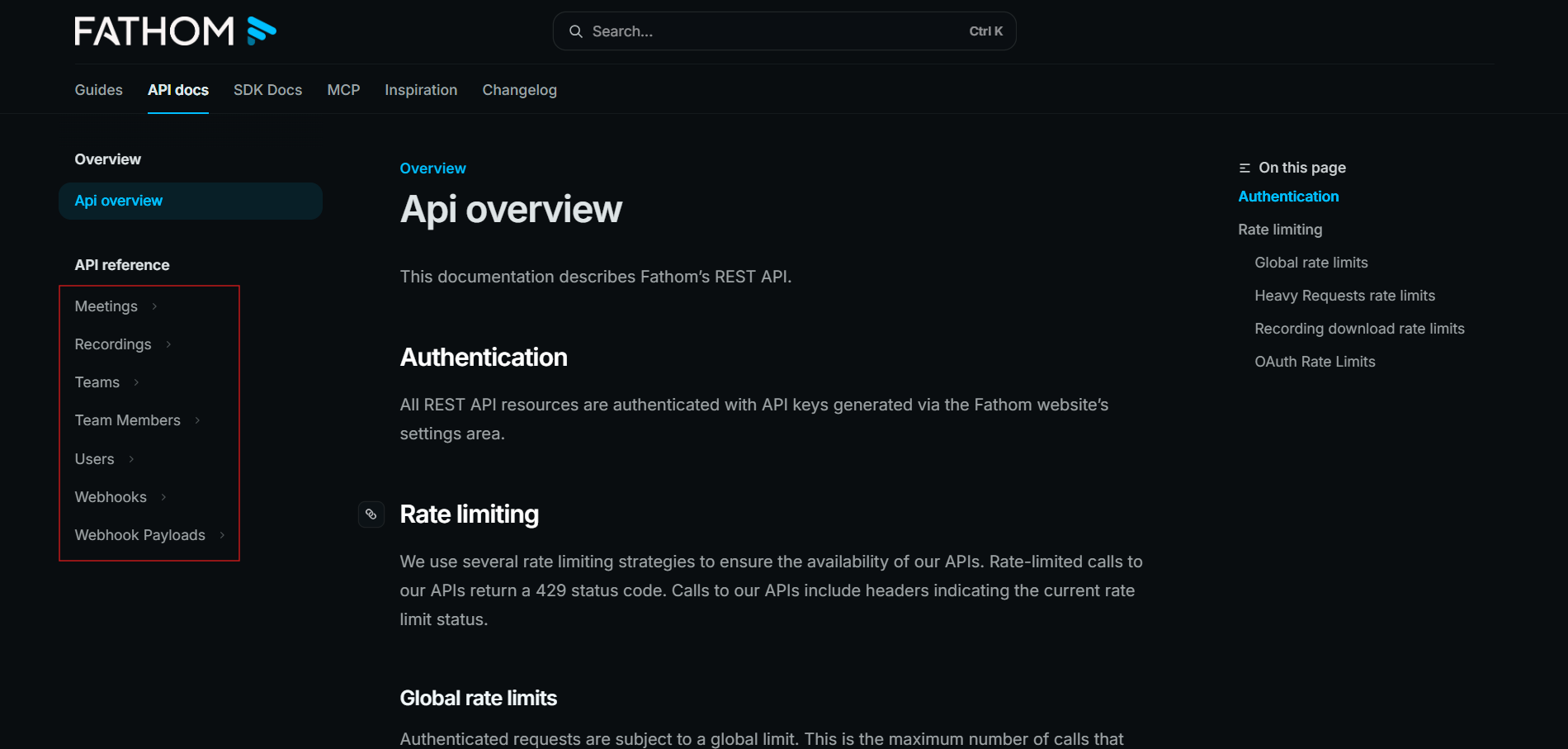 Output artifact for "Meeting Data API" test: The API docs describe Fathom's REST API, including API-key authentication and rate limiting., fathom-api-docs.png