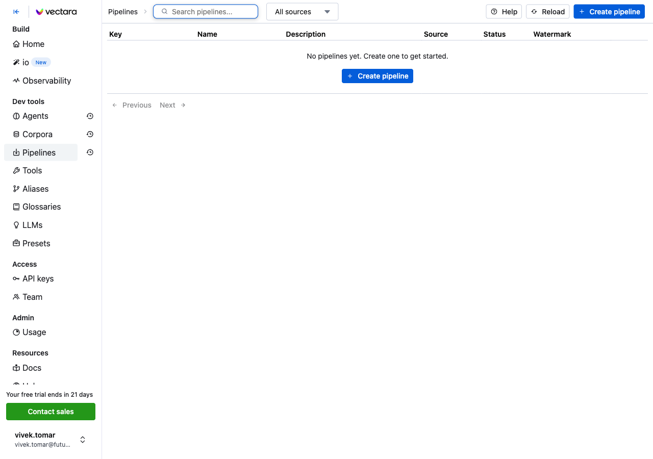 Output artifact for "Web Crawl Pipelines" test: The Pipelines page started empty and offered a Create pipeline button., connector_01_pipelines_list.png