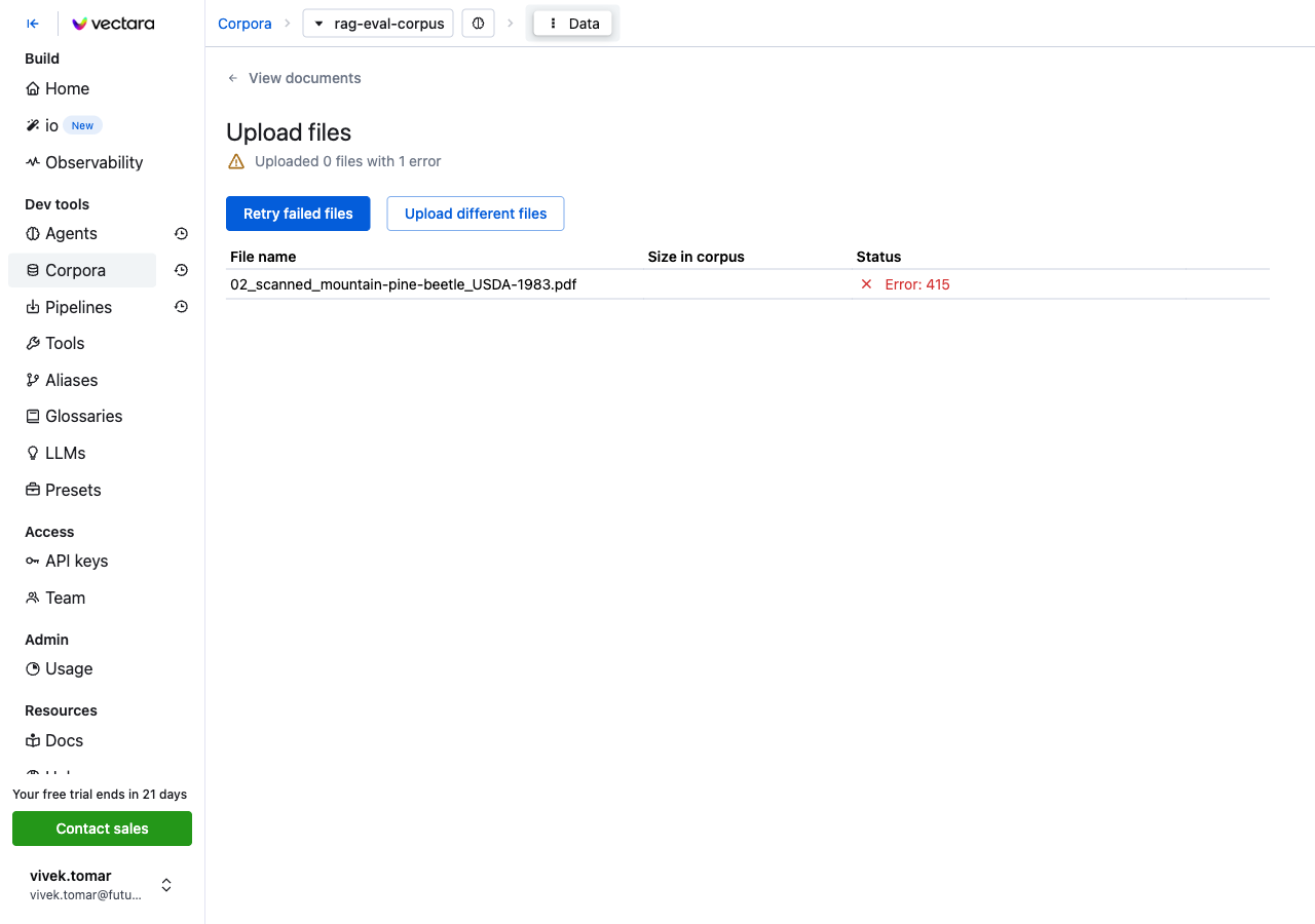 Output artifact for "Document Ingestion" test: The scanned PDF upload failed with HTTP 415, and no OCR fallback was available., vectara_console_scanned_pdf_ingestion_failed.png