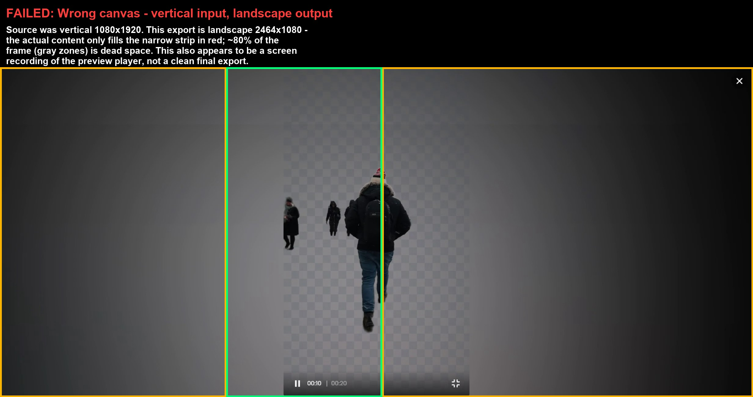 Output artifact for "Aspect Ratio and Canvas Control" test: The vertical busy-street source was rendered into a landscape 2464×1080 export, leaving the subject in a narrow center strip with large gray side padding., image-4.png