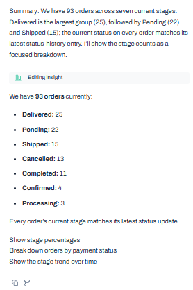 Output artifact for "Natural-Language Database Q&A" test: Returned a 93-order summary across seven current stages, with the stage counts listed in natural language., input3-main-summary-and-stage-list.png