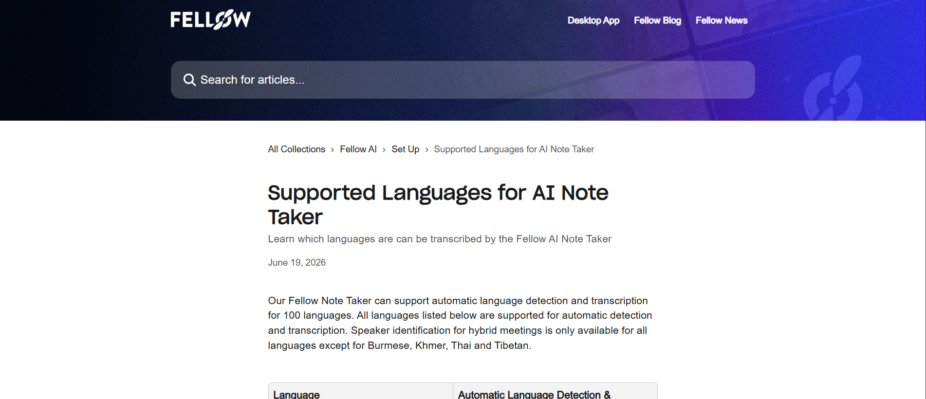 Output artifact for "Meeting Transcription" test: The help article states that Fellow Note Taker supports automatic language detection and transcription for 100 languages, with speaker identification unavailable only for Burmese, Khmer, Thai, and Tibetan., fellow-languages-support.png