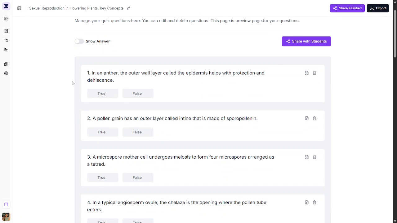 Output artifact for "Question Review and Manual Editing" test: The quiz preview page shows a question list with a Show Answer toggle and editing-oriented controls rather than a timed student attempt., frame_B_questions_editor.png