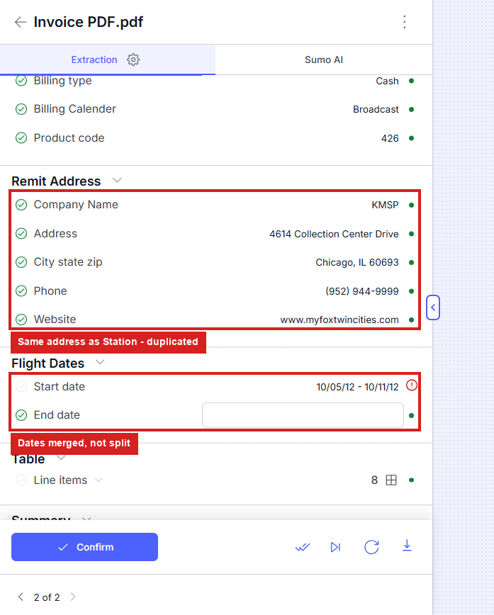 Output artifact for "Schema-Driven Document Field Extraction" test: Flight Dates were not split cleanly: Start Date held the full concatenated range, and End Date was left empty., invoice_ss3_remit_flightdates-2.png